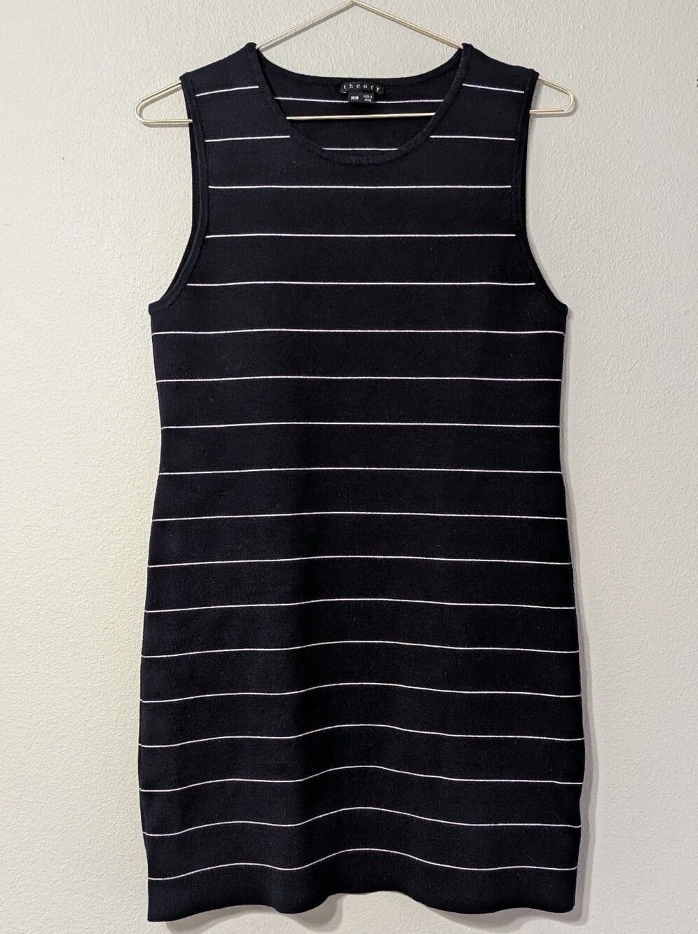 THEORY Navy Blue White Stripe Sleeveless Sheath Dress Wool Medium - Picture 4 of 9